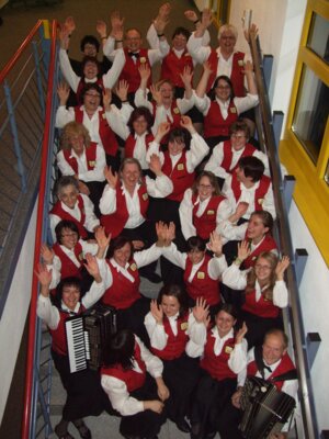 Gruppenbild: Das Schwarzwald-Harmonika-Orchester sitzt auf der Treppe und winkt